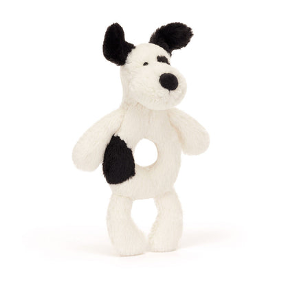 Bashful Black & Cream Puppy Ring Rattle - Soft Baby Rattle | Wobblepaws